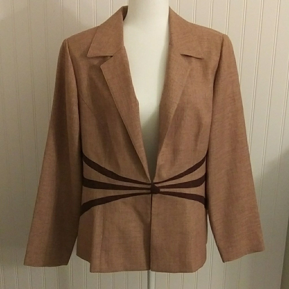 Plaza South blazer.  Tan with brown trim.SZ 16